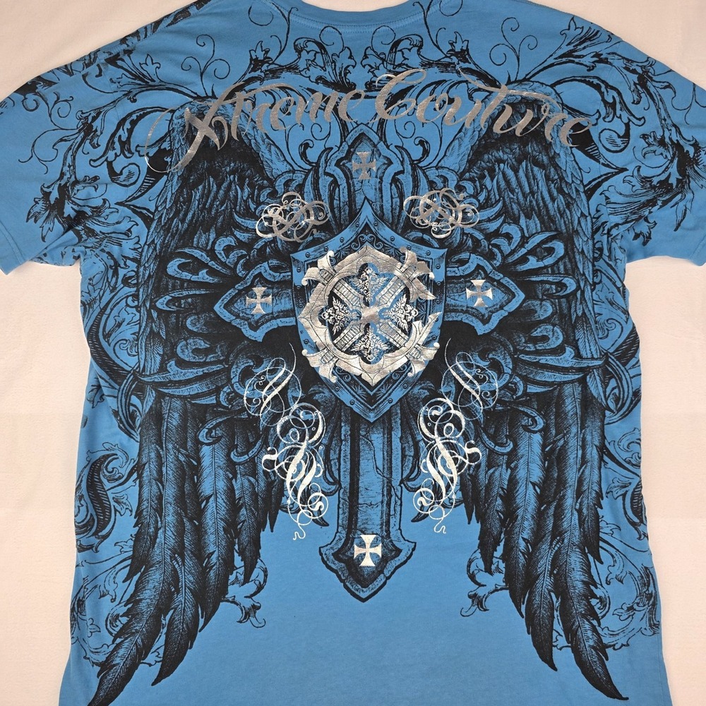 Xtreme Couture Mens Shirt Blue Graphic Print Cross And Wings Y2K Affliction 2000